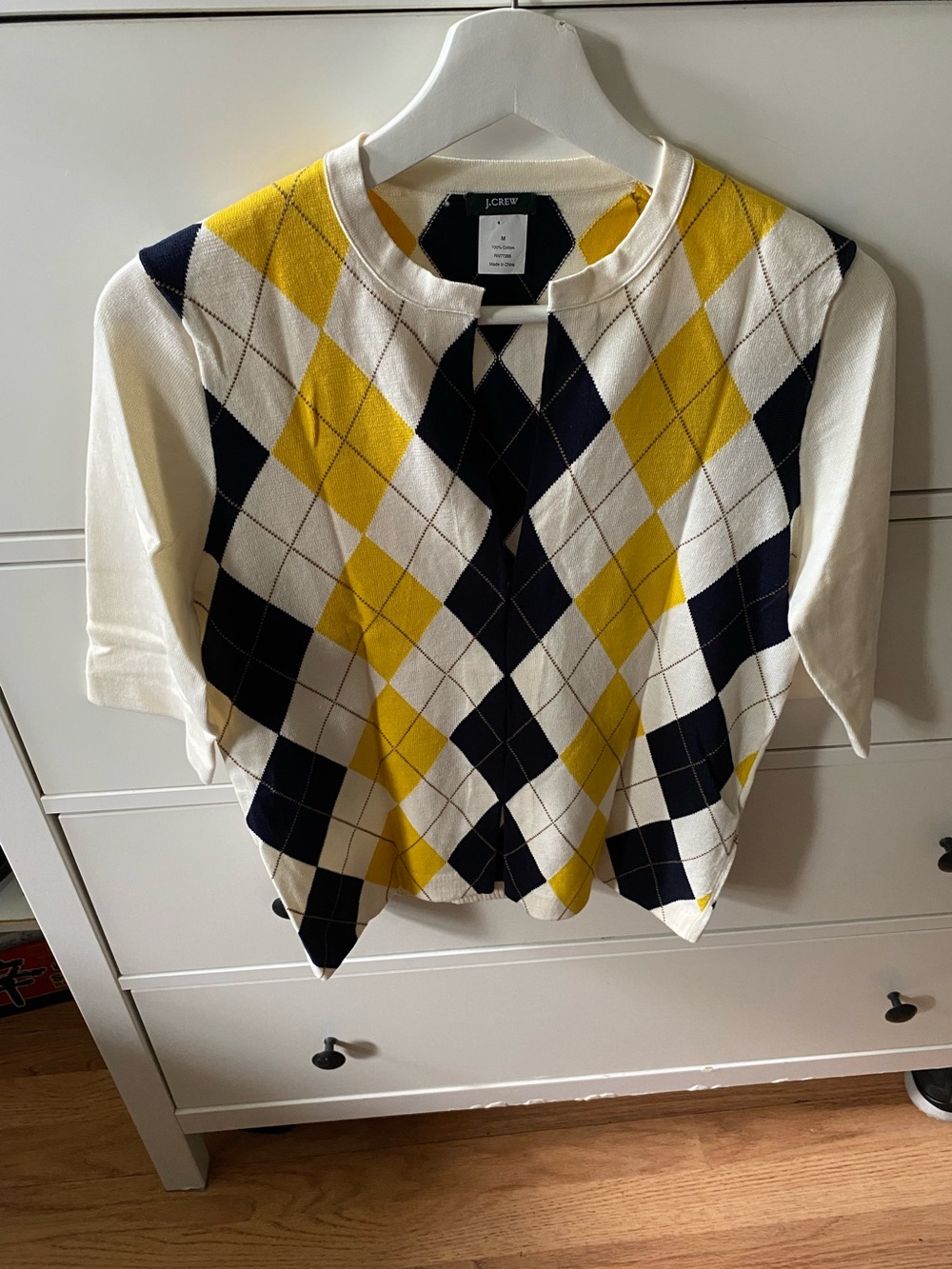 J. Crew Yellow Navy White Argyle Short-Sleeve Crewneck Cardigan